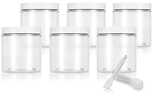 Clear 8 oz / 250 ml PET (BPA Free) Plastic Jar with White Lid (6 pack) + Spatulas