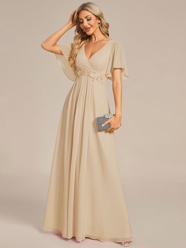 Image of Ever-Pretty Womens V Neck Applique Mother of the Bride Dresses Formal Dress | Chiffon, Short Sleeves, Ruched, A-Line, Bridesmaid Dresses, Formal Gown, Black Tie Dress