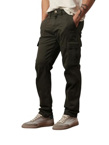 Image of Vogaan Men Solid Relaxed Fit Cotton Blend Cargo Trousers with Utility Pocket