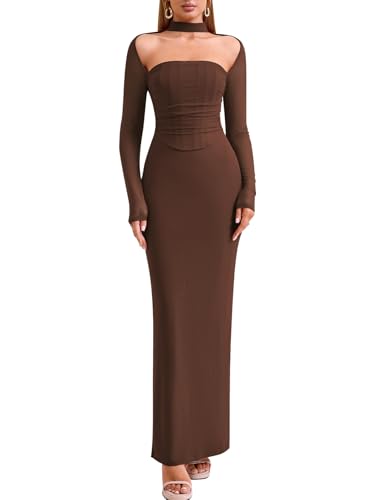 HTZMO Women Fall Long Sleeve Bodycon Maxi Dress Halter Neck