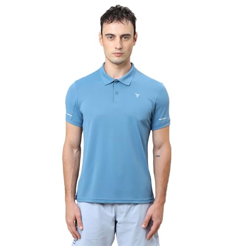 Image of TECHNOSPORT Men's Solid Slim Fit Polo Collar T-Shirt TECHNOCOOL+ Half Sleeve Button Polyester for Gym Running Workout UPF50+ Anti Odour