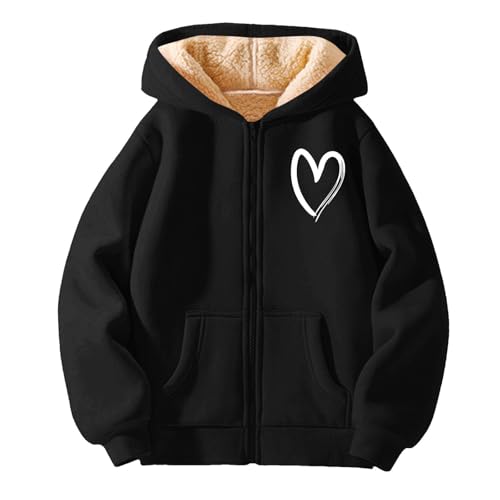 Unisex Boys Girls Sherpa Lined Fleece Jacket Hoodie Kids Hearts Graphic Warm Winter Zip Up Hooded Sweatshirt Jackets Coat3
