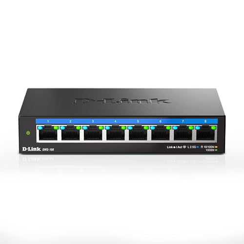 D-Link 8-Port 2.5G Network Switch, Multi-Gigabit Unmanaged Ethernet Switch, Plug & Play 2.5GB Ethernet Switch, Ideal for Gaming, Offices & NAS PC, Fanless, Desktop / Wall Mount 2.5GBE Switch (DMS-108)