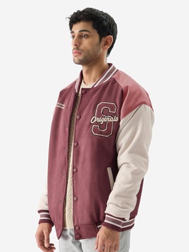 Image of The Souled Store Pink Men and Boys Long Sleeve Button Front Oversized Fit Printed Varsity Jackets