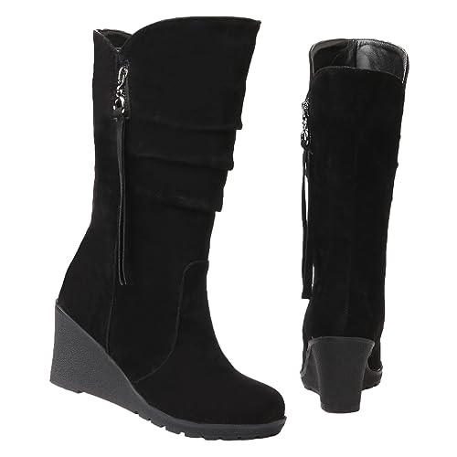 rismart Women Mid Calf Slouch Boot Wedge Heel Thin Fur Lined Suede Leather Winter Shoes2