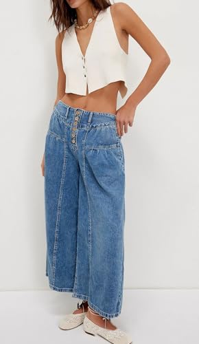 chouyatou Women's Boyfriend Baggy Jeans Flare Wide Leg Denim Pants Elastic Waist Button Pleated Culotte Jeans2