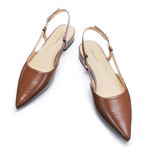 Image of C.Paravano Slingback Flats | Pointed Toe Flats | Slingback Sandals | Women's Slingback Dress Shoes | Adjustable Buckle Sandals(Size 10,Brown)