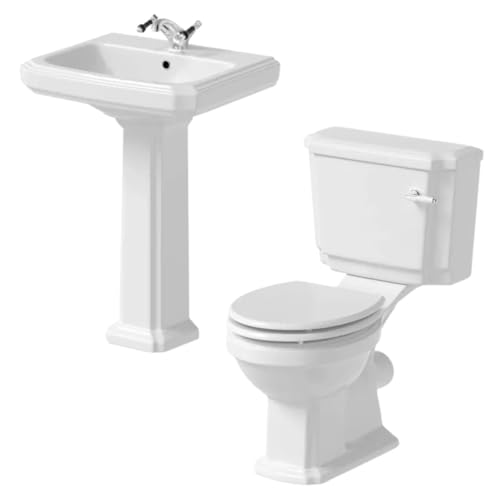 Image of Park Lane® Cloakroom Bathroom Suite Close Coupled Single Flush Toilet WC Cistern Basin Full Pedestal Soft Close Freestanding Traditional White