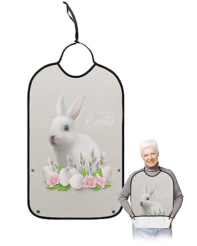 Spring Easter Adult Bibs for Eating, Waterproof Bibs with Food Catcher & Adjustable Snap Closure, White Bunny and Eggs Pink Flower Washable Clothing Protectors Adult Bibs for Elderly Women/Men