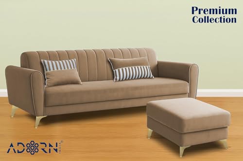 Image of Adorn India Premium Luster 4 Seater L Shape Sofa Set | Velvet Suede Fabric | 3-Year Warranty | Color Camel with Golden Legs & Striped Pattern Cushion