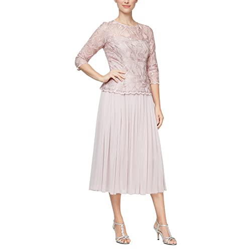 Image of Alex Evenings Women's Tea Length Embroidered Bodice Mother of The Bride Gown, Wedding Guest Dress (Petite and Regular Sizes)