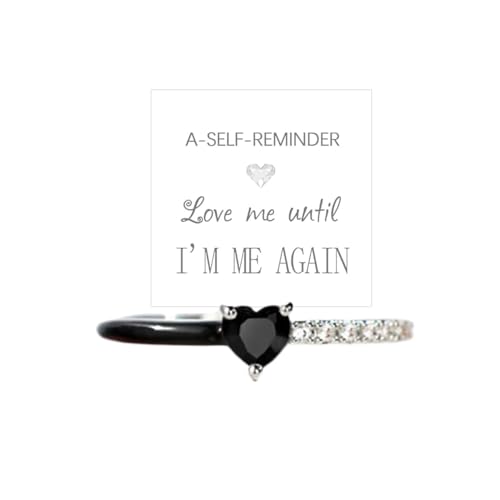Love Me Until I'M Me Again Black Heart-Cut Half Enamel Ring, Heart Rings Self-Love Ring Gift, Heart Rings Birthday Gifts for Women, Daughter, Wife, Friends (Black obsidian, 5)