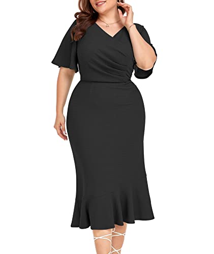 Lalagen Plus Size Dress For Women Modest Short Sleeve Ruched Bodycon Mermaid Cocktail Midi Dresses Black 5X #TOP5