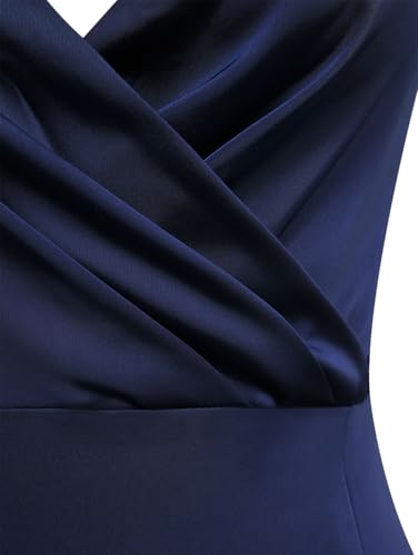 Rosegalette Women's Satin V Neck Maxi Dress Tie Back High Slit Prom Wedding Guest Gowns,Deep Blue,S — view 5