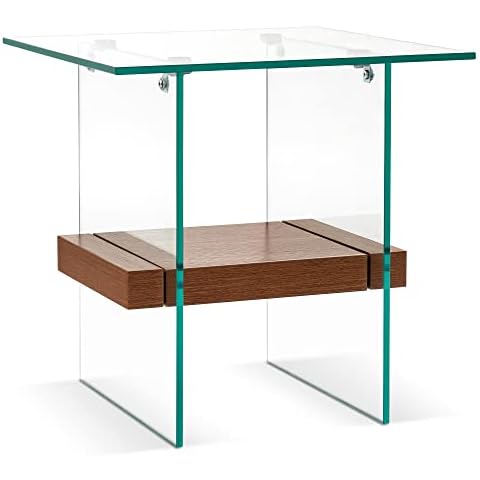 ivinta Small Glass End Table, Narrow Side Table with Wood Storage Shelf for Small Spaces, Clear Couch Sofa Table for Living Room, Bedroom, 5102 (Natural Wood) Cover