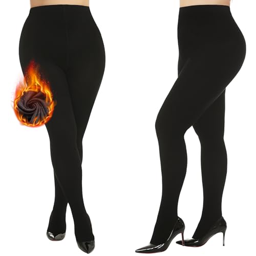 Yilanmy Plus Size Fleece Lined Tights Opaque Thermal Winter Tights Warm Thick Pantyhose for Women 2 Pairs