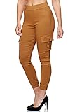 EGOMAXX Damen Cargo Hose Jeggings Stretch Stoffhose Gummibund Slim Fit Outdoor, Farben:Camel, Größe:L-XL