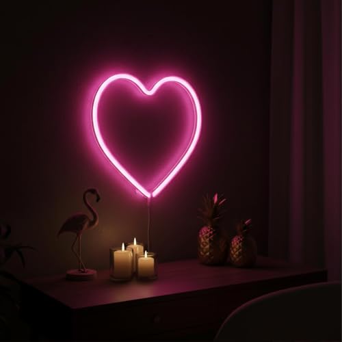 Image of Teafasty Pink Heart Neon Sign LED Light USB Battery Powered Room Decor | Dual power design, soft pink glow, wall mount or tabletop display for bedrooms, parties, weddings and festive occasions