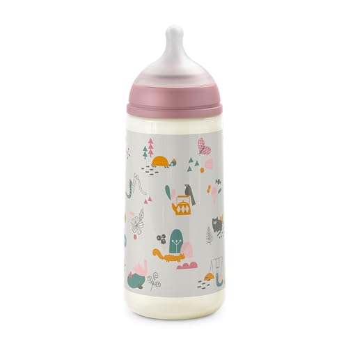 Suavinex Biberón 360 ml Con Tetina Fisiológica SX Pro de Silicona, Válvula Anticólico, Flujo Denso (L) Para Bebés +6 Meses - Walk Rosa