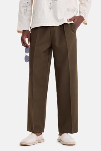 Image of SNITCH Men Trousers Holiday & Casual Wear | Relaxed Fit Pleated Front & Straight Leg Design | Breathable Cotton Linen Blend Fabric for Summer & Vacation Outings