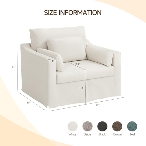 ONBRILL Oversized Accent Chair, 42 Inch Wide Slipcovered Sofa Chair with 3 Throw Pillows, Comfy Reading Chair, Deep Seat Armchair w/Sloped Arms, Modern Single Couch for Living Room, Apartment, Beige - Image 2