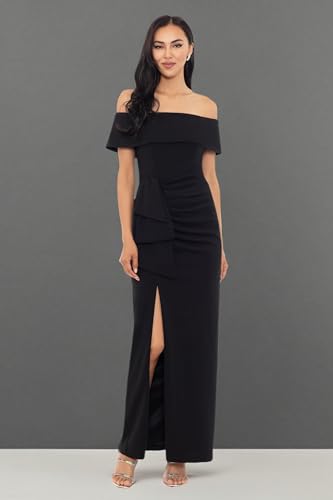 Image of Xscape Women's Off Shoulder Straight Neck Evening Gown with Foldover Cuff, Side Ruffle, Leg Slit, Fitted Formal Dress, Black, 14
