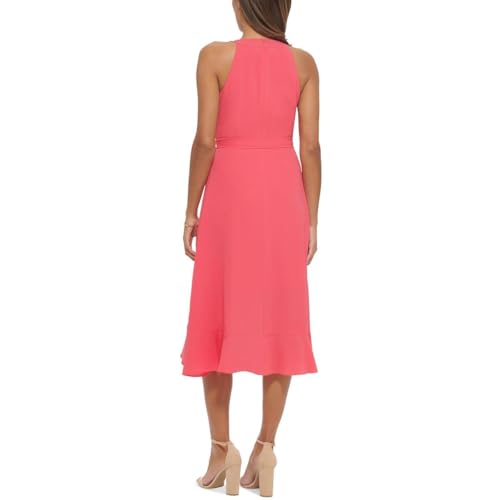 Kensie Women's Sleeveless Ruffle Trim Faux Wrap Midi Dress, Watermelon, 2 - Thumbnail 2