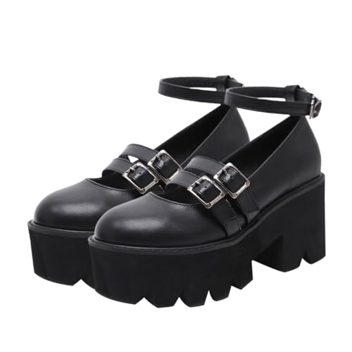 Chaussures rétro à bout rond et talon épais noir élégant pour femme