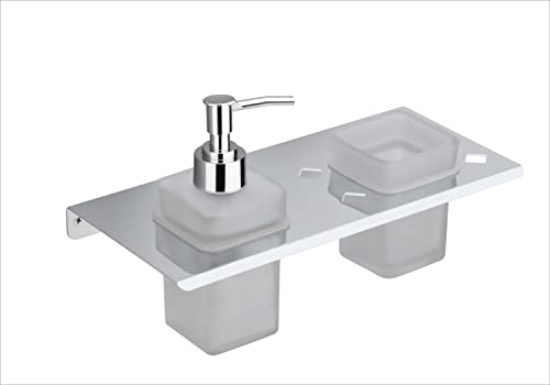 Image of Stainless Steel Toothbrush Holder with Glass Tumbler & Liquid Soap Dispenser Set - Wall Mounted 2-in-1 Bathroom Organizer, Chrome Finish (Square /Frosted Glass) (E 3612)