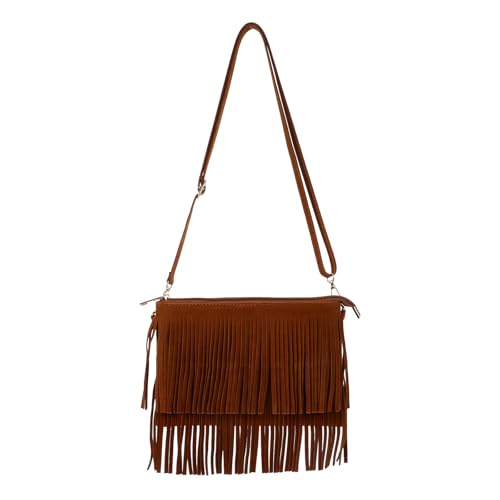 Bolso bandolera vintage con flecos en marrón miniatura 1