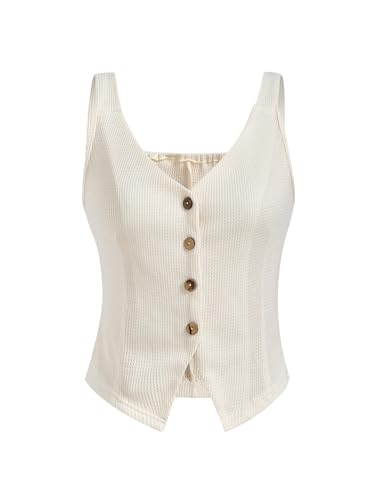 Women's Button Up V Neck Vest Top Elegant Sleeveless Split Hem Knit Tops
