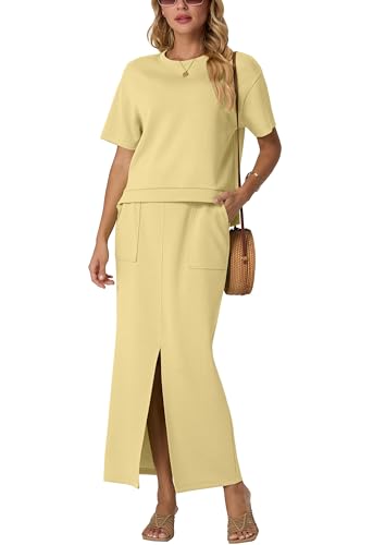 GRECERELLE Summer 2 Piece Sets for Women Casual Short Sleeve Top and Front Slit Maxi Skirt with Pockets (Butter Yellow, Medium)