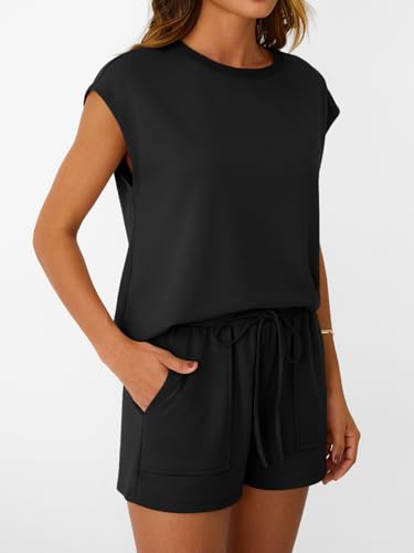 LILLUSORY Womens Crew Neck Cap Sleeve Drawstring Two Piece Summer short Sets Sweatsuit with Pocket3