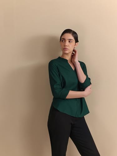 Image of FableStreet Women Shirt Work & Casual | Relaxed Fit Mandarin V-Neck Three-Quarter Sleeves Solid Pattern | Breathable Woven Fabric for Office & Everyday Wear