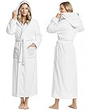 NY Threads Premium Womens Robe with Hood, Plush Fleece Long Bath Robe for Women, Fluffy Soft Women's Bathrobe, Medium, White