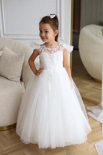 Lace Applique Flower Girl Dress for Wedding Sparkle Tulle Bow Knot Ball Gowns Crew Neck Pageant Ceremony Long Dress2