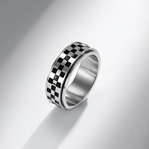 Vuzalrano 2Pcs 8Mm Unisex Comfort Fit Stainless Steel Wedding Band Black White Blocks Pattern Ring Checkerboard Checkered Flag Racing Spinner Ring Size10 #TOP3