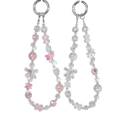 [CSILOVEE] スマホストラップ パールチェーン 腕掛けラインストーン ビーズ パール 手首 レディ キラキラ ショルダー 蝶 真珠 蝶結び ハート カラフル 携帯ストラップ可愛い おしゃれ 全スマホ対応 韓国 ステンレスタグ1枚付き 忘れ物防止紛失落下防止 2個 セット (クリア+ピンク)