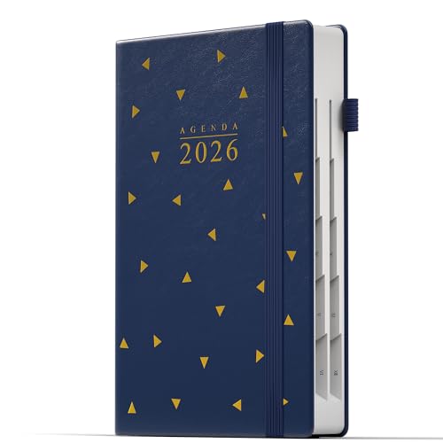 DeDe Bee Agenda 2026 Dia Por Pagina, A5 Plurilingüe Planner 416 Páginas Totales Con Plan Mensual & Bolsillo Interior & Cierre Elástico, Tapa Dura, Azul