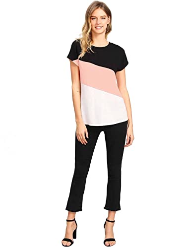 Romwe Women's Color Block Blouse Short Sleeve Casual Tee Shirts Tunic Tops Pink Black White Xxxxl #TOP4
