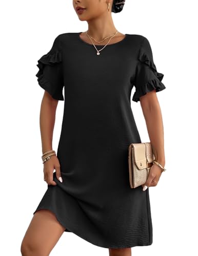 Image of HOTOUCH Womens Summer Dress 2025 Short Sleeve A-Line Mini Dress Casual Crew Neck Shift Dress Beach Sundress with Pockets