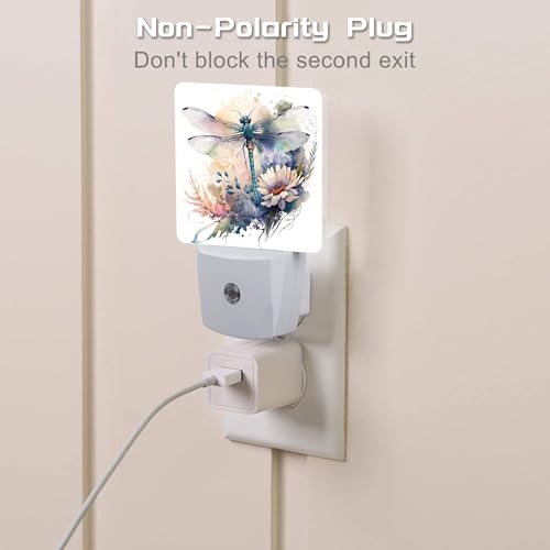 Image of Watercolor Dragonfly Flowers Night Light, Vintage Insect Botanical Floral Leaves Dusk to Dawn Night Light Plug in,0.5w Energy Saving Sleep Friendly NightLight for Kids Boys Girls Home Decor