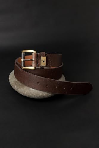 Image of Louis Philippe Men 100% Leather Brush Brass and LP Loop Buckle Casual Casual Profile Belt