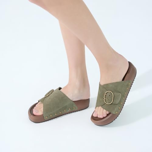 Image of UBFEN Womens Platform Slide Sandals | Real Leather,Buckle Sandals with Cushioned Flatform Footbed,Comfortable for Walking,Arch Support,Casual Styling