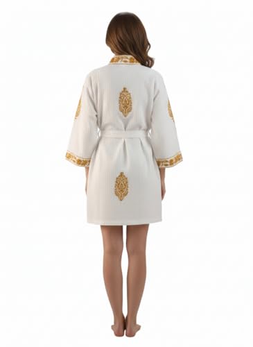 Image of Hand Block Print Cotton Waffle Fabric Short Bathrobe For Women's Ultra-Soft & Lightweight After Bath Spa Bathrobe Dress Women Bath Robe Dress | Highly Absorbent Mustard Yellow Printed