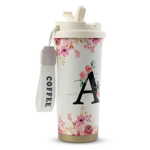 MHwan Kaffeebecher To Go, Doppelschichtiger Vakuum-Kaffee Thermobecher (530 ml), Personalisiertes Geschenk für Frauen mit Den Initialen A-Z, Kann Direkt Oder mit Einem Strohhalm Getrunken Werden