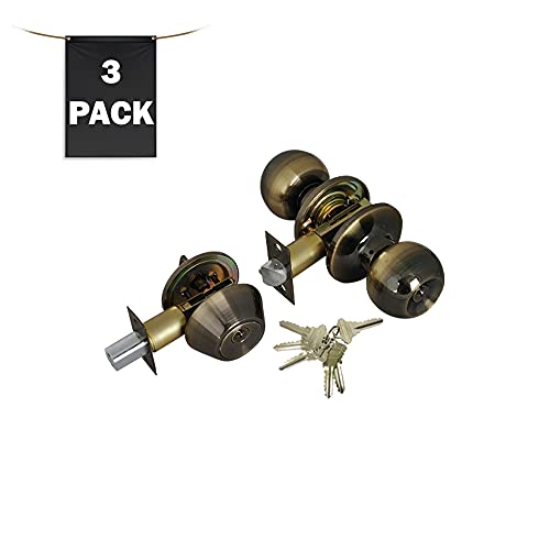 Grip Tight Tools Ed04C-3, Set Of 3 (Antique Brass) Combo Entry Lock Set Door Knob And Single Cylinder Deadbolt Alike: Sc1 Keyway With 18 Keys Included #TOP1