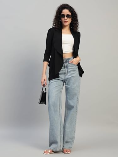 Image of Cotton Blend Women's Single Breasted Relaxed Fit Shawl Collar 3 /4 Sleeve Blazer