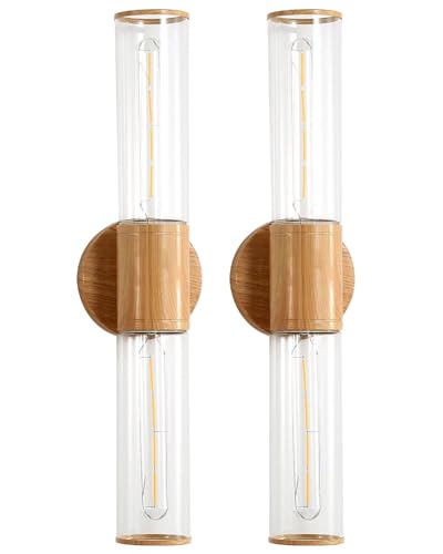 Image of Bathroom Vanity Lighting Fixture, 2-Light Wood Grain Wall Sconce Light Fixture with Clear Glass, E26 Socket Indoor Wall Lamp, Modern Wall Sconce for Mirror Living Room, 2 Pack
