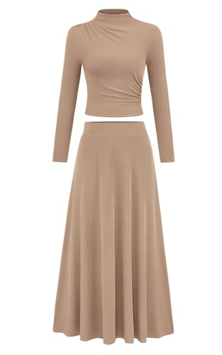 PRETTYGARDEN Long Sleeve Two Piece Skirt Sets Women 2 Piece Outfits Casual Ribbed Knit Mock Neck Ruched Top Swing Midi Skirts (Light Khaki, Small)